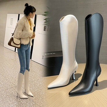 全牛皮v口高筒靴女高跟尖头牛仔西部靴细跟长筒靴真皮网红骑士靴白色