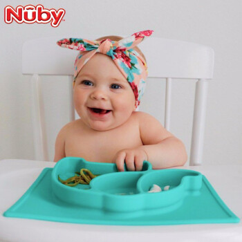 努比（Nuby）硅胶餐盘 婴儿宝宝辅食碗吃饭训练碗吸盘餐碗分格盘子餐垫碗套装 绿色大象