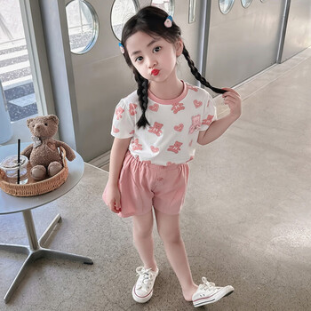 迪凡熊小清新休闲套装可爱洋气小女孩衣服儿童夏装幼儿园学生短袖两件