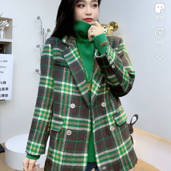 韩版绿格子西装外套女春春秋新款设计感小众感小个子上衣潮绿色格子
