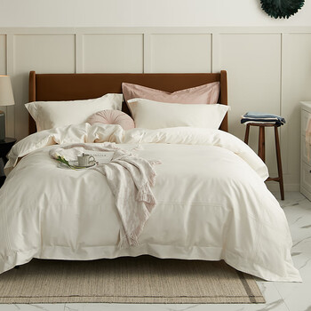 100支纯色棉床上四件套纯棉被套4件套素色床品套件 压绳工艺款-信白