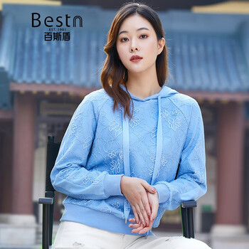 百斯盾连帽卫衣女装 2021春季新款国风时尚休闲气质长袖女上衣 蓝色 l