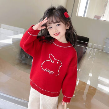 兔年毛衣加厚冬2022年新年拜年服款中大童红色装加绒儿童小兔子140