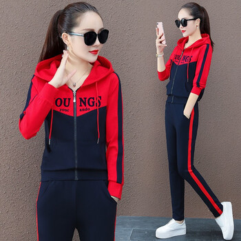 峰艺酷时尚运动服休闲套装女春季新款棉质立领健身跑步运动衣三件套
