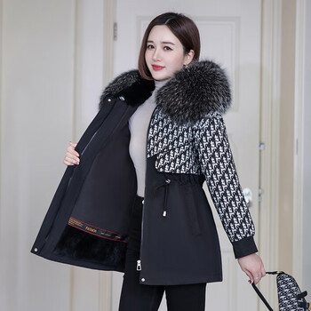 奥若文 女士皮草大衣皮毛一体内加绒海宁皮草外套派克服女冬季真皮毛