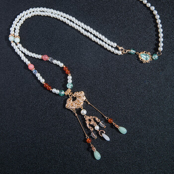 snqp明制璎珞女长款后缀流苏背云项链唐风坦领汉服配饰古风平安锁吊坠