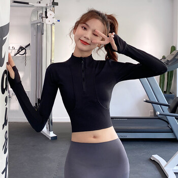 运动上衣女秋冬款紧身显瘦性感瑜伽服半拉链立领跑步训练健身套装