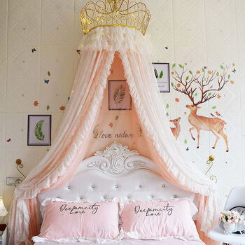 ゑ宏诺轩亽床幔公主风蚊帐家用欧式少女可爱床头帘纱帘装饰帘粉嫩婚庆皇冠架蒙馨百丽木耳外白浅粉 金大冠 挂钩灯