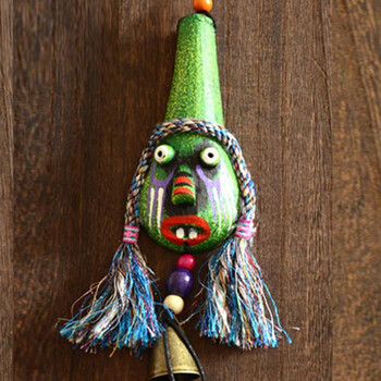 昵兰 云南民族工艺纳西东巴吞口彩绘木雕风铃汽车包包挂饰丽江马勺面