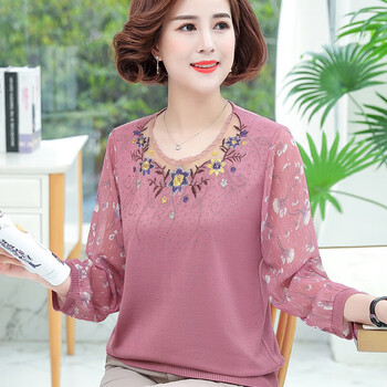 吟咛夕夏天穿的50岁左右的女夏装长袖衣服妈妈t恤洋气圆领上衣中老玫