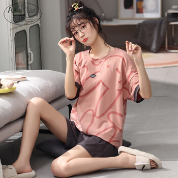 薄款两件套短袖纯棉家居服夏天波点宽松大码胖mm套装ch8574女士xxl