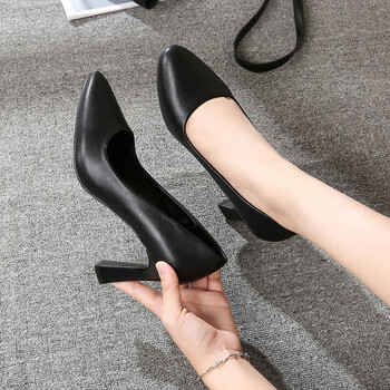 京功女式半高跟半跟女皮鞋软皮圆头粗跟空乘高跟鞋女黑色酒店面试职业