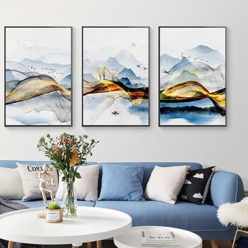 装饰画现代挂画餐厅卧室玄关山水画意境山川三联组合3040cm9mm布纹膜