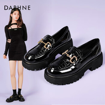 达芙妮乐福鞋女2022款春英伦风小皮鞋松糕鞋女一脚蹬厚底单鞋女黑色39