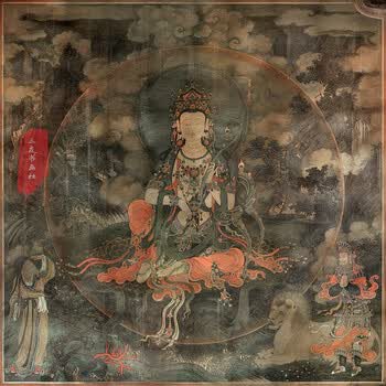 法海寺壁画 文殊菩萨坐像 古画微喷复制画心 未装裱 红色