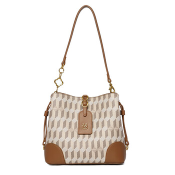 花花公子手提包女大容量上班通勤印花时尚秋冬款单肩包水桶包杏色