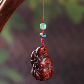 铂甄(bozhen)九尾狐吊坠芭比檀香小狐狸绿檀木雕手机链紫檀钥匙扣挂件