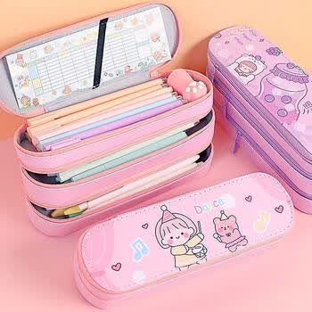 得力笔袋ins日系三层可爱女生大容量文具盒小学生2021新款流行铅6支笔
