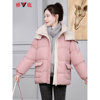 雅鹿羽绒服女短款2023年新款冬季宽松学院风连帽加厚冬装羽绒外套粉色