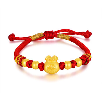 灿贝黄金小福袋999足金宝宝婴手链红绳编织手链3d硬金转运珠七夕礼物