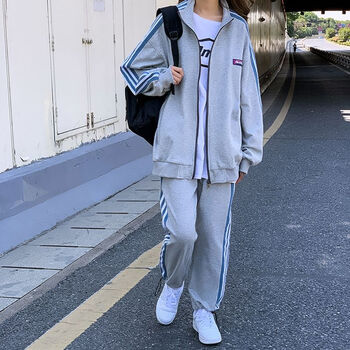 摩涉秋季青年女中年女运动风外套戴帽运动服套装女秋冬季加绒加厚学生