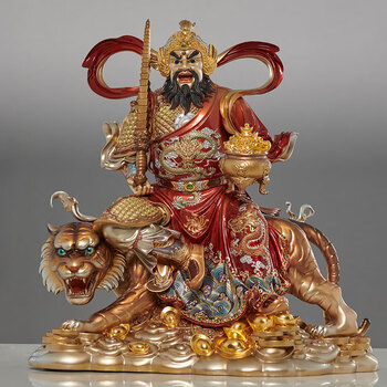 普莲京铜 纯铜掐丝珐琅镶宝五路财神赵公明骑虎神像武财神招财摆件