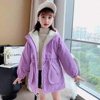 女童秋冬装洋气加绒外套2020新款韩版中大儿童冬季加厚风衣派克服紫色
