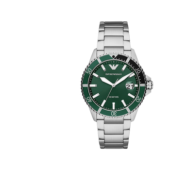 安普里奥阿玛尼手表男绿色水鬼日历钢带石英休闲时尚男士腕表送男友