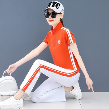 左夏右冬夏季运动套装女休闲纯棉时尚立领短袖阔腿长裤女士广场舞两件