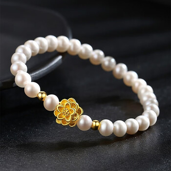 伊享黄金999足金淡水珍珠莲花金珠手链女手串手镯3d硬金送女友1颗莲花