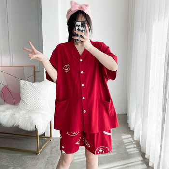 纯棉睡衣女200斤胖mm加肥加大夏季休闲v领开衫短袖家居服套装红色4xl