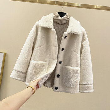 小个子短款羊毛糕外套女秋冬休闲羊羔毛绒皮毛一体外套女韩版短款颗粒