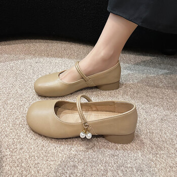 热风hotwind2023春季新款圆头玛丽珍鞋方头百搭一字扣小皮鞋单鞋卡其