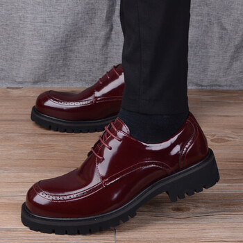 大头鞋商务休闲圆头皮鞋韩版潮流英伦厚底工装鞋 酒红色增高版 39 245