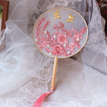 中式秀禾新娘团扇结婚冰蓝蕾丝扇马来服配饰婚礼手捧花粉色 粉红色