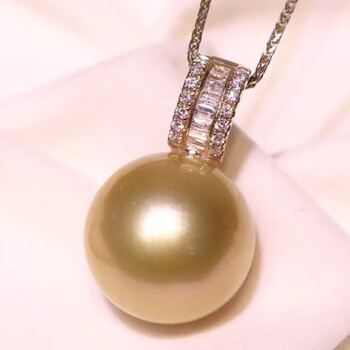 金珍珠吊坠 海水项链18k金镶钻轻奢锁骨链送女友礼物16mm【图片 价格