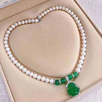 母亲淡水珍珠项链强光镶翡翠平安扣吊坠送40-50岁妈妈 佛公吊坠 珍珠