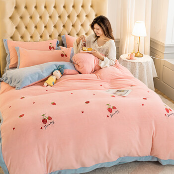 牛奶绒加厚保暖四件套双面绒冬季加厚保暖床上四件套甜蜜草莓粉蓝18m
