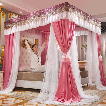 遮光挡风防尘布帘围布防尘顶布 四开门宫廷落地大床蚊帐带支架 深玉