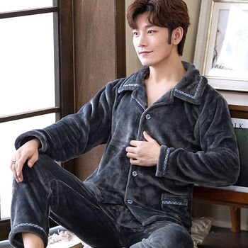 男士睡衣冬季加厚珊瑚绒睡衣男冬长袖开衫翻领套装时尚大码家居服ks男