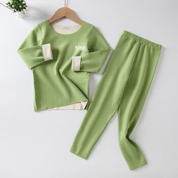 ab双面德绒内衣套装无痕男女孩秋衣秋裤中大童保暖睡衣抹茶绿ab双层面