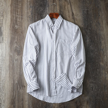 61优衣库69yqk日单u家男士春夏竖条纹休闲翻领长袖衬衫通勤百搭衬