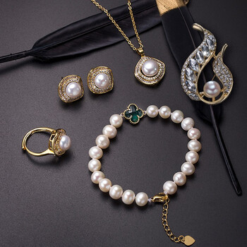 韩生生奥利维拉 珍珠五件套q19 吊坠耳钉戒指胸针手链 精美 珍珠 镀金