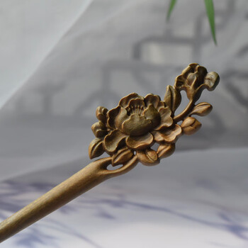 绿檀木双面雕刻牡丹发簪简约现代木质簪子古风荷叶汉服发饰 双面牡丹