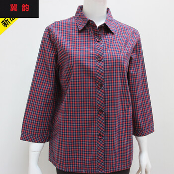 夏季妈妈装全纯棉格子衬衫中老年女装奶奶装纯全棉布衬衣单排扣翻领女