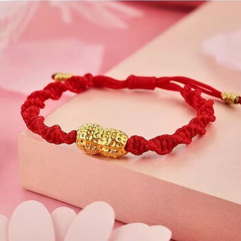 冠蔻黄金转运手绳足金999好事花生3d硬金小金珠手工红绳送孩子送女友