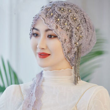 回族女人的套头纱巾民族风帽子回族头巾女包头时尚盖头网纱流苏套头