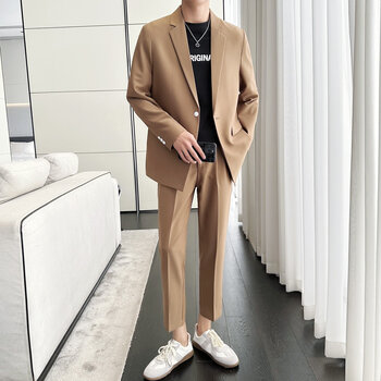 西装男套装休闲垂感简约宽松百搭商务职业正装西服卡其色西服西裤s95