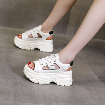 carjarnii牛皮复古风鱼嘴鞋镂空凉鞋厚底增高高凉鞋系带小众坡跟罗马