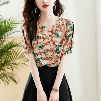 pstp)素订女装官方夏款夏季宽松印花雪纺短袖t桖时尚洋气小衫上衣女士